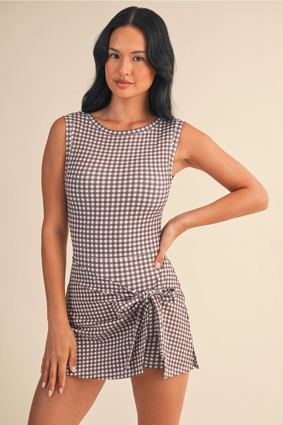 Gingham Print Sleeveless Wrap Tie Front Dress- Brown
