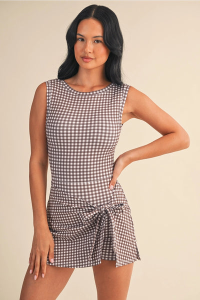 Gingham Print Sleeveless Wrap Tie Front Dress- Brown