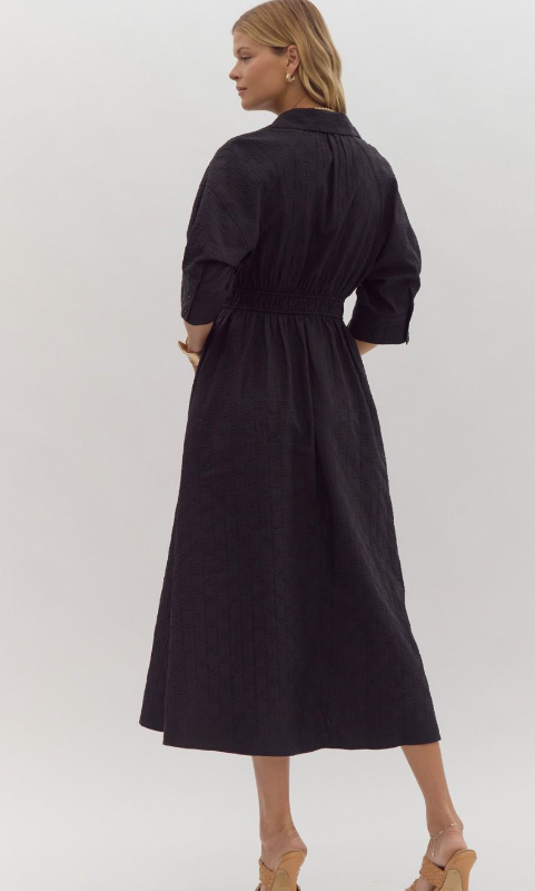 Embossed Cuff Sleeve Black Midi Dress