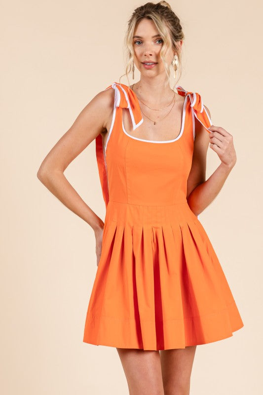 Orange Square Neck Bow Strap Mini Dress