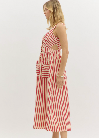 Red Striped Cutout Midi Dress