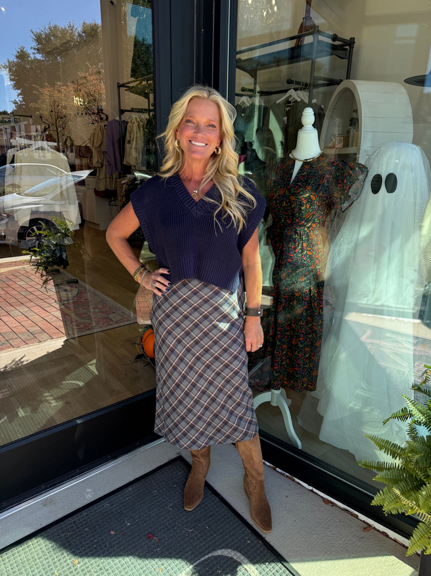 Grey and Brown Plaid Midi Skirt