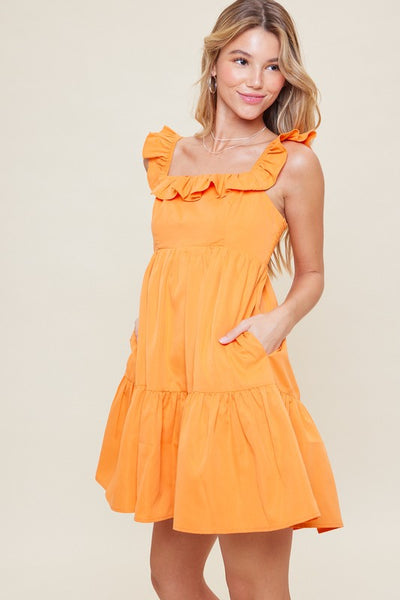 Square Neck Smock Back Ruffle Detail Mini Dress-Bright Orange