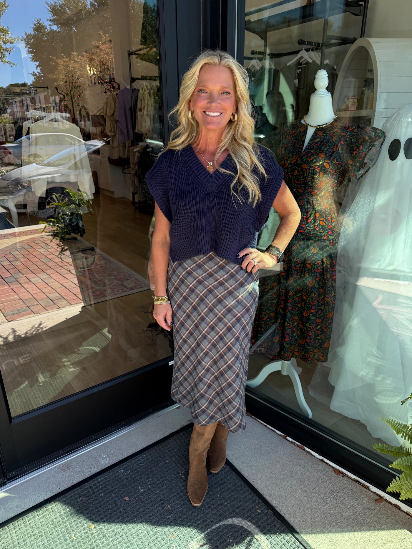 Grey and Brown Plaid Midi Skirt