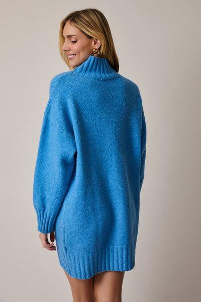 Blue Turtle Neck Long Sleeve Sweater Dress