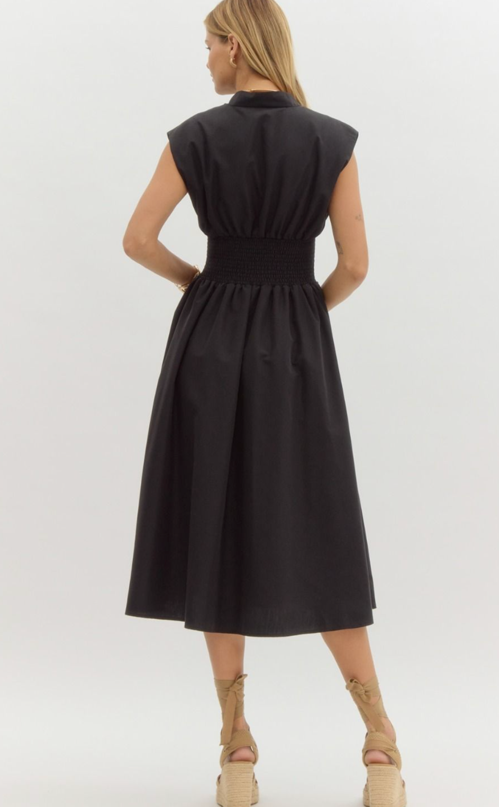 Cinched Waist Midi Dress- Black