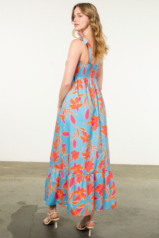 Tie Strap Tropical Print Maxi Dress