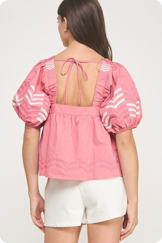 Rose Embroidered Puff Sleeve Top