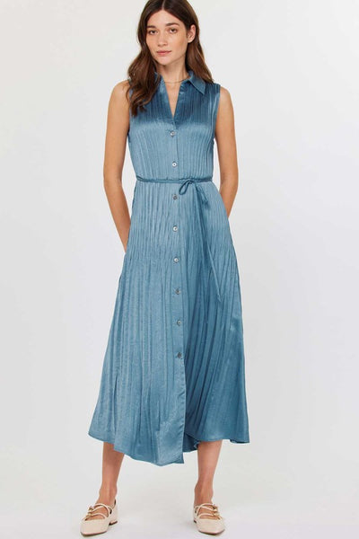 Dusty Blue Sleeveless Button Down Pleated Dress