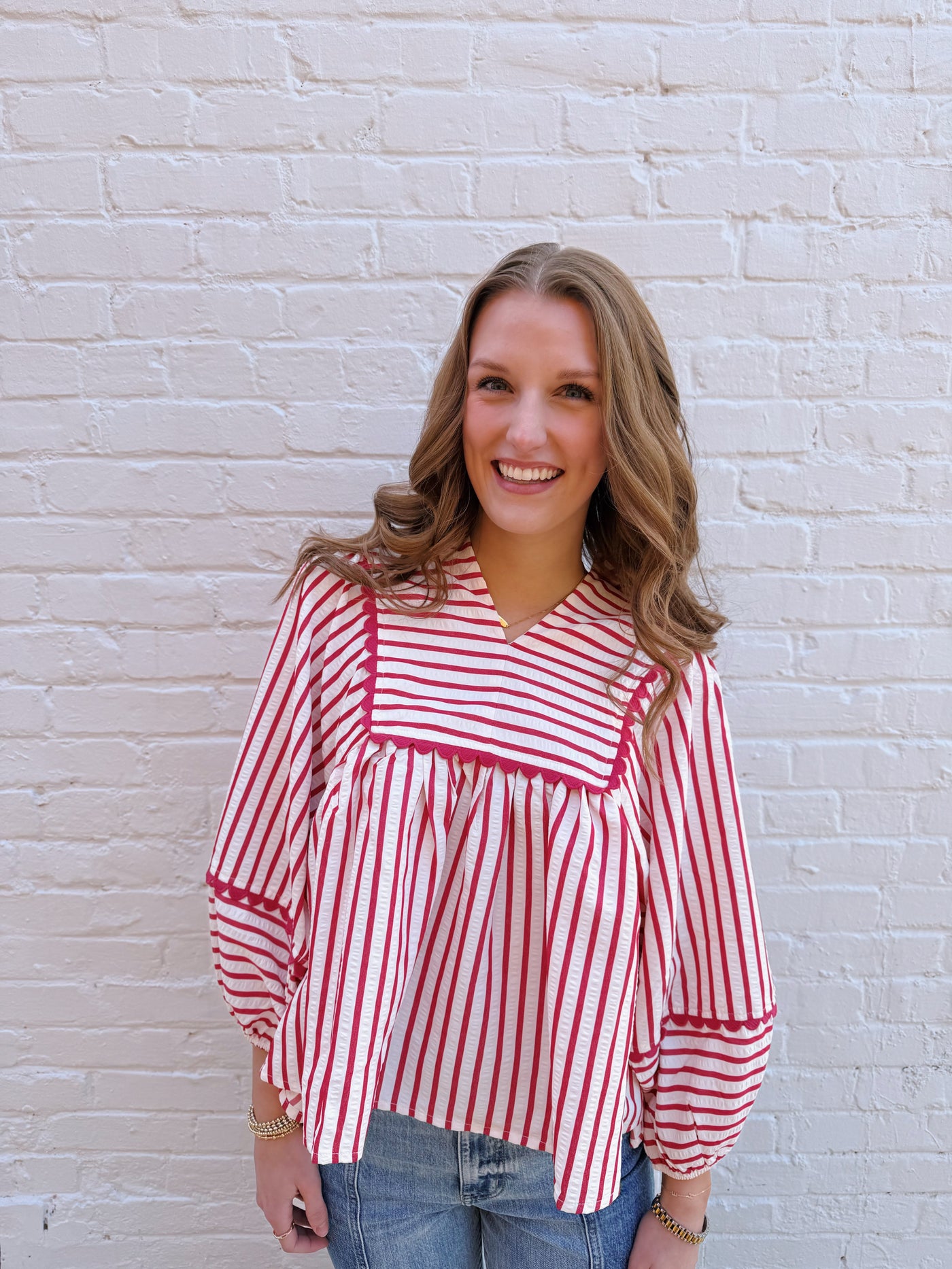 Red Striped Scallop Trim Lantern Sleeve Top