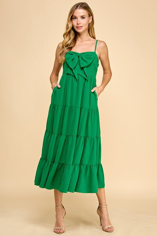 Kelly Green Bow Front Midi Dress