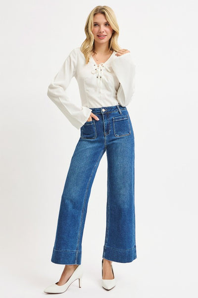 Patch Pocket Wide Leg Denim- Dark