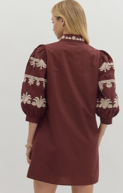 Burgundy Embroidered Puff Sleeve Mini Dress