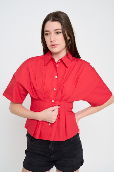 Red Poplin Pin Tucked Shirt