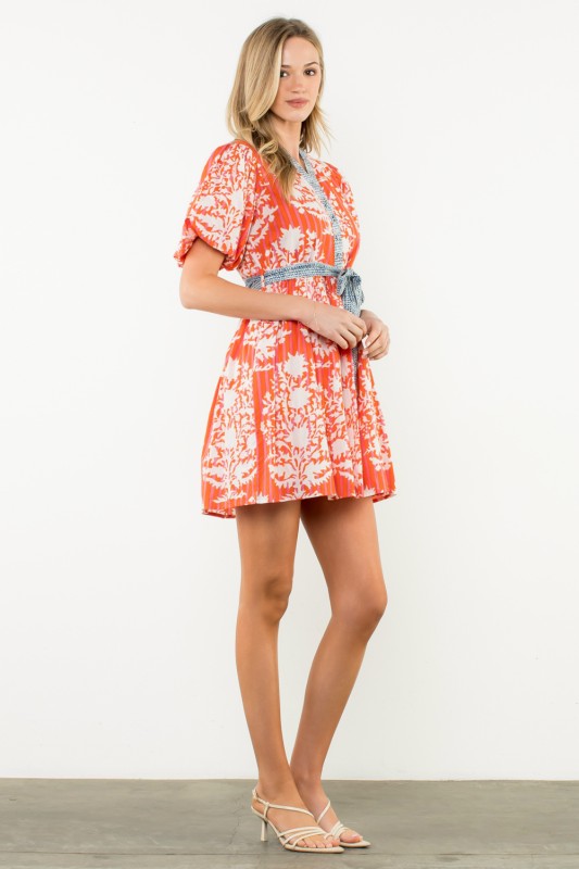 Contrast Tie Waist Puff Sleeve Dress