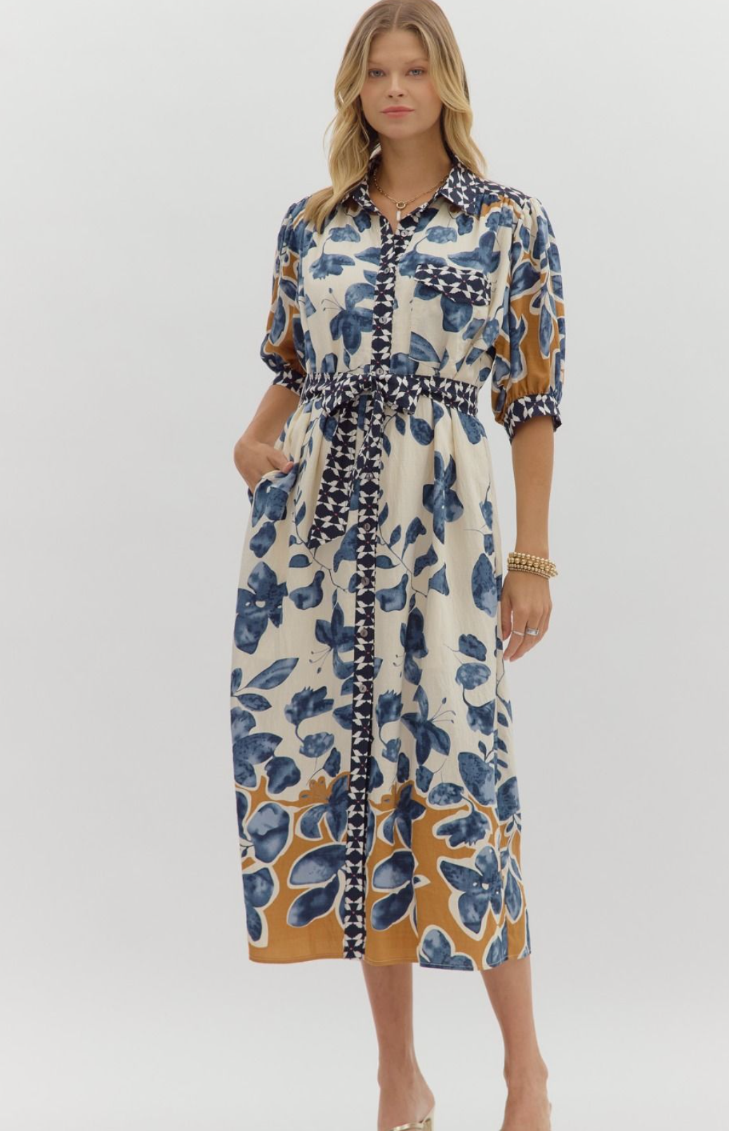Fall Botanical Print Midi Dress