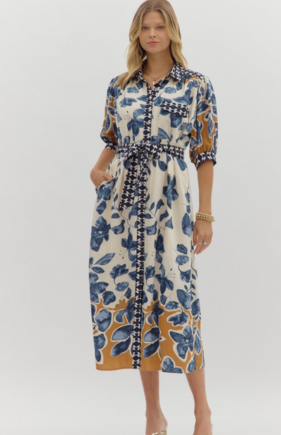 Fall Botanical Print Midi Dress