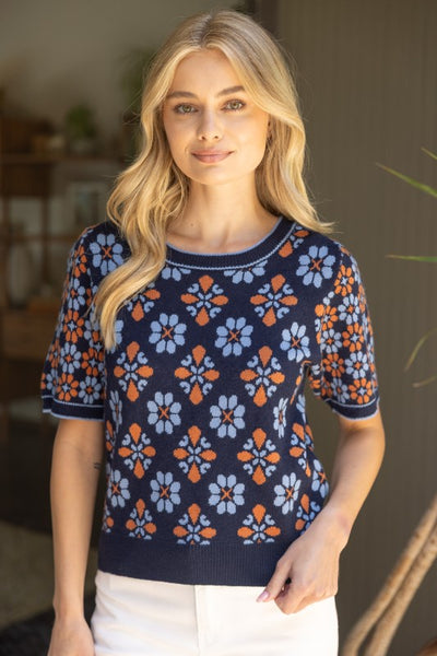 Navy Abstract Floral Sweater
