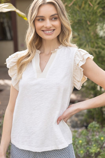 Contrast Band Ruffle Sleeve Knit Top