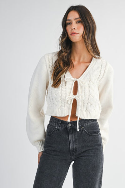 Front Tie Cable Knit Cardigan Sweater- Cream