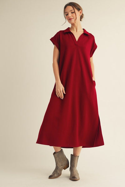Burgundy Collared Midi Dress