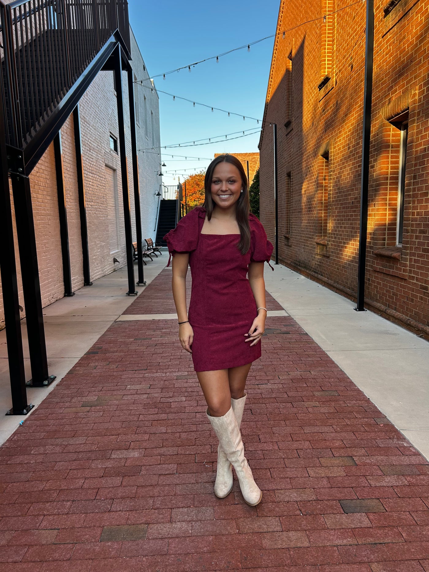 Wine Corduroy Square Neck Puff Sleeve Mini Dress