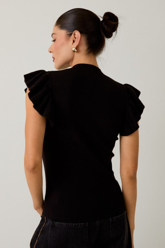 Mock Neck Ruffle Sleeve Knit Top- Black