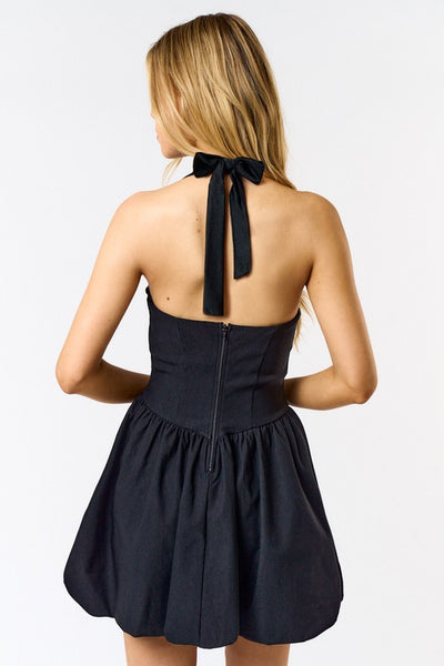 Halter Neck Bubble Hem Mini Dress- Black