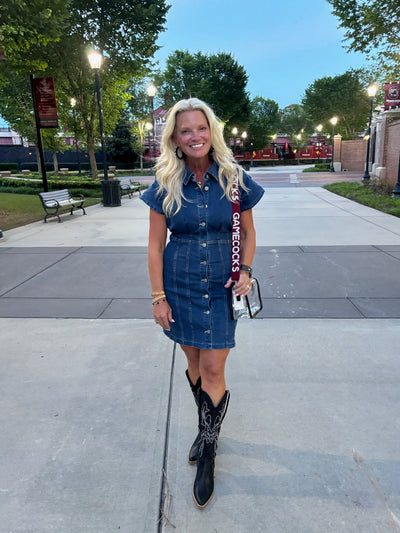 Washed Denim Mini Dress With Pleated Waist