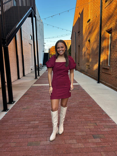 Wine Corduroy Square Neck Puff Sleeve Mini Dress