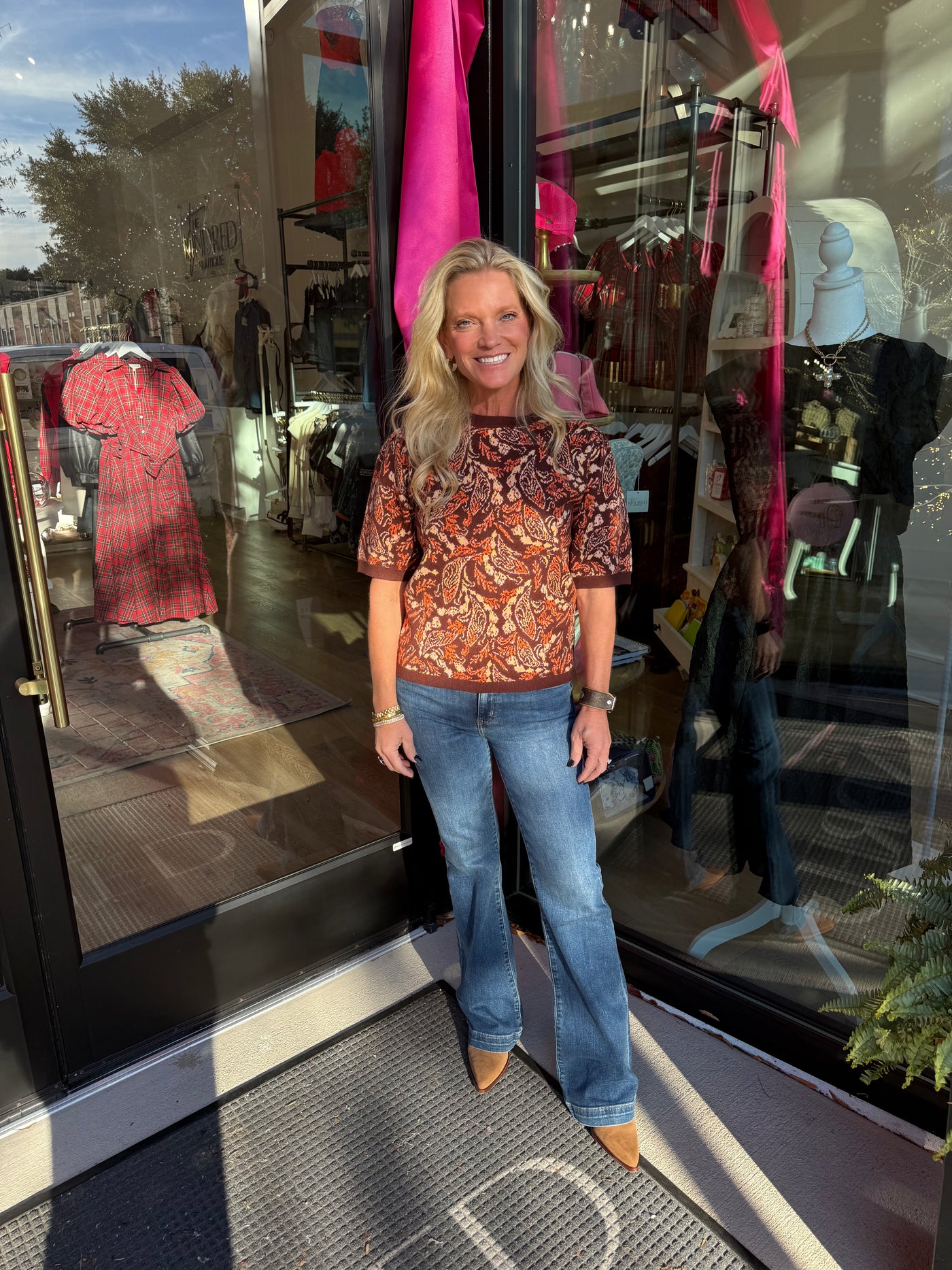 Brown Paisley Intarsia Knit Top