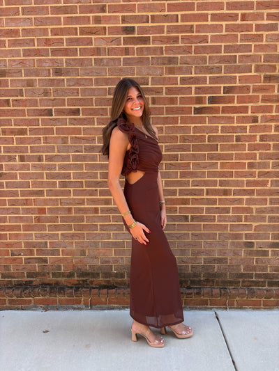 Brown One Shoulder Mesh Cutout Maxi Dress
