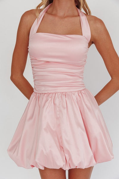 Pink Bubble Hem Halter Mini Dress