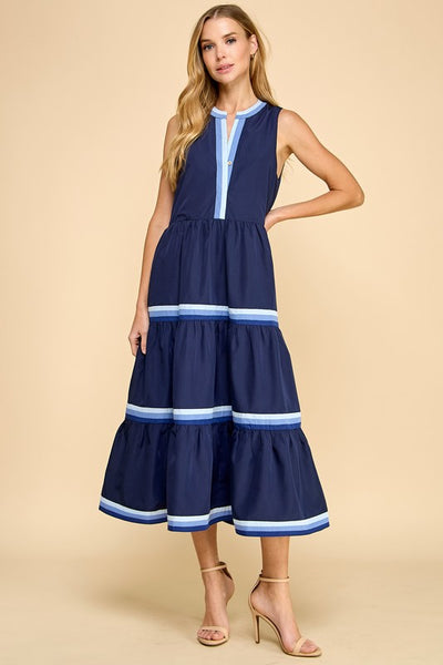 Navy Sleeveless Striped Trim Midi Dress