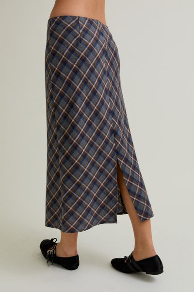 Grey and Brown Plaid Midi Skirt