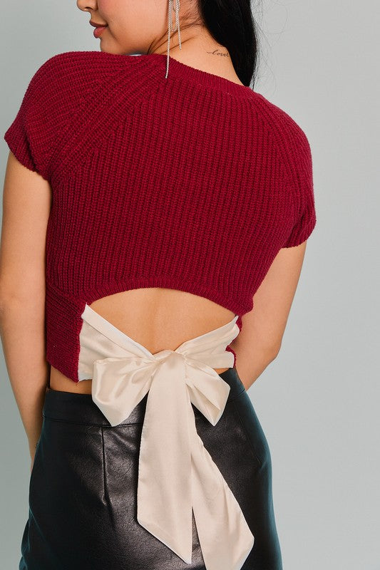 Short Sleeve Back Tie Knit Top- Garnet