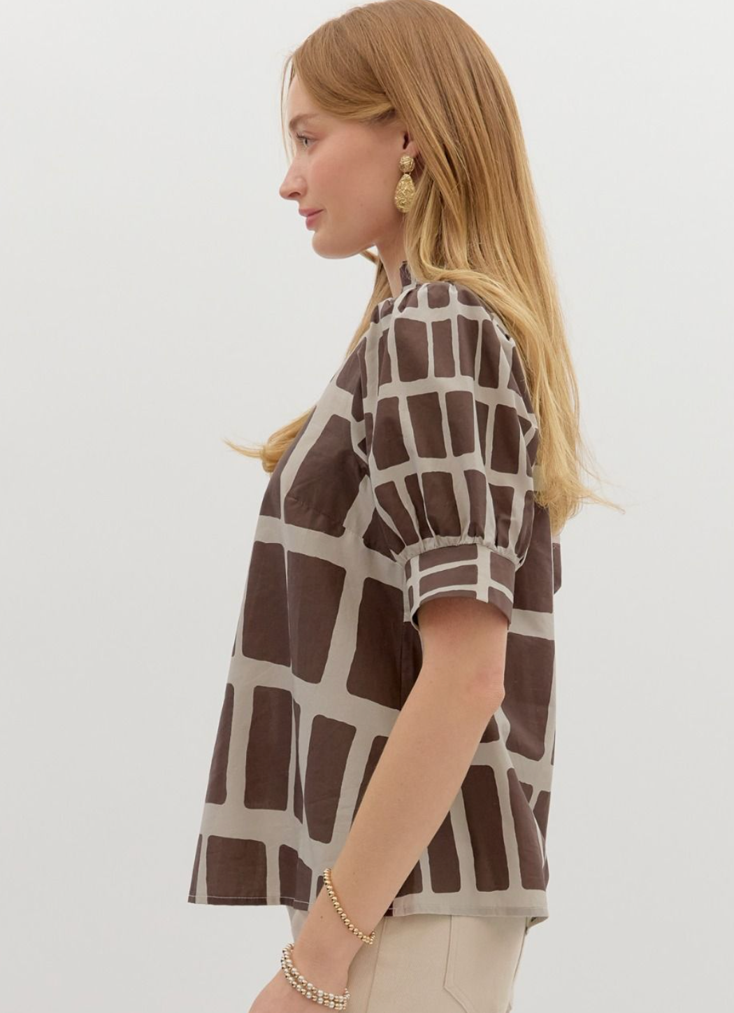 Brown Printed V-Neck Top