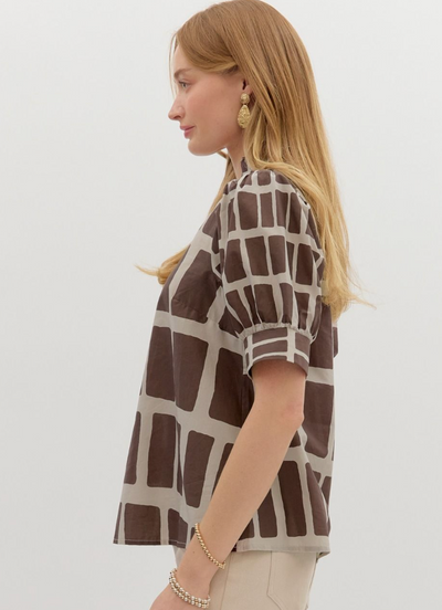 Brown Printed V-Neck Top