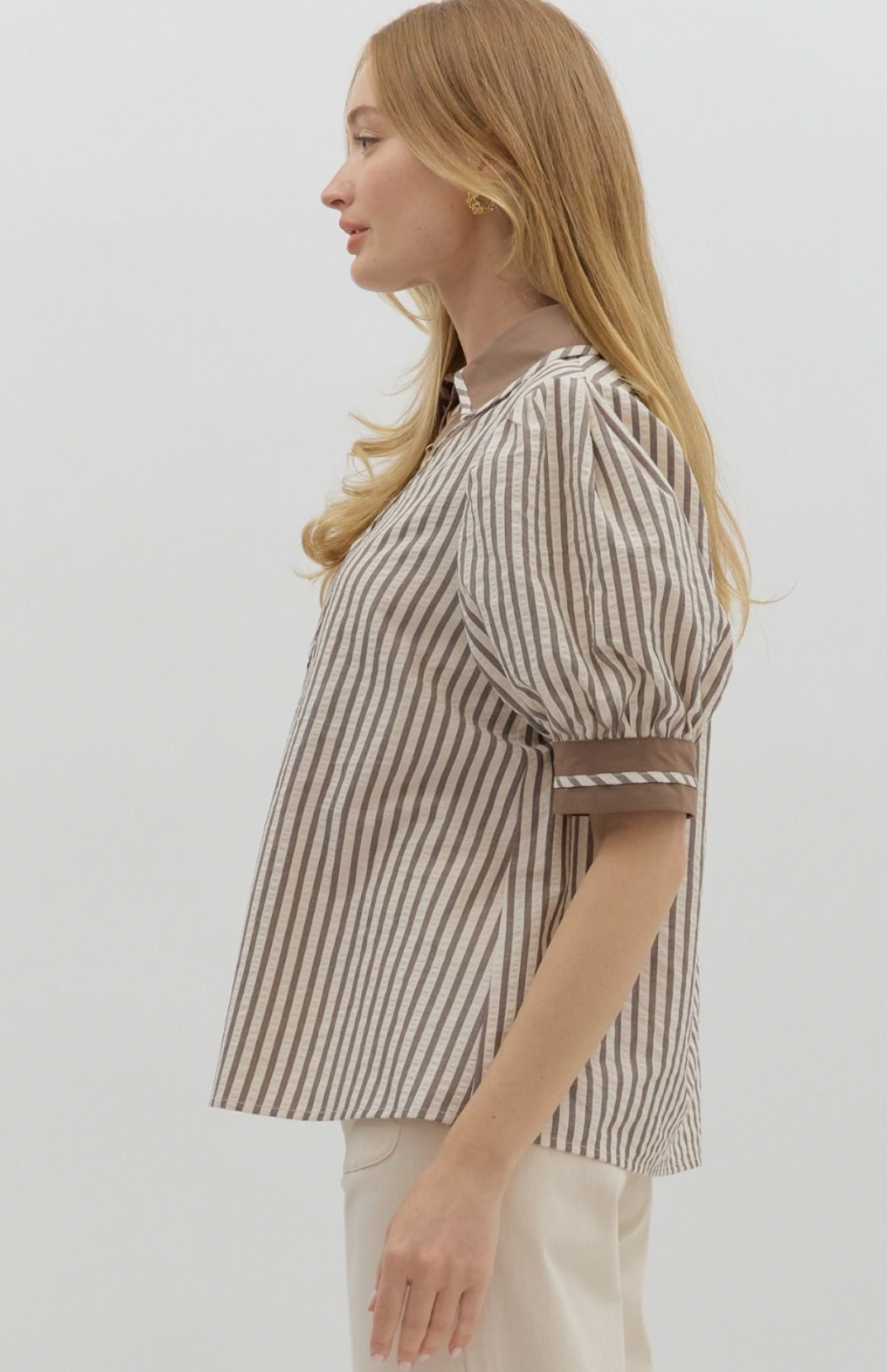 Mocha Striped Bubble Sleeve Top
