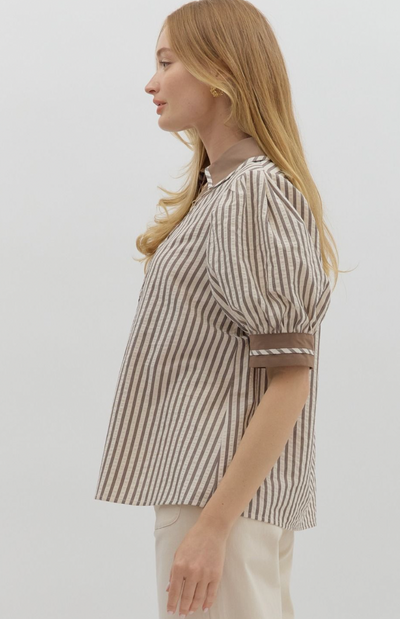 Mocha Striped Bubble Sleeve Top