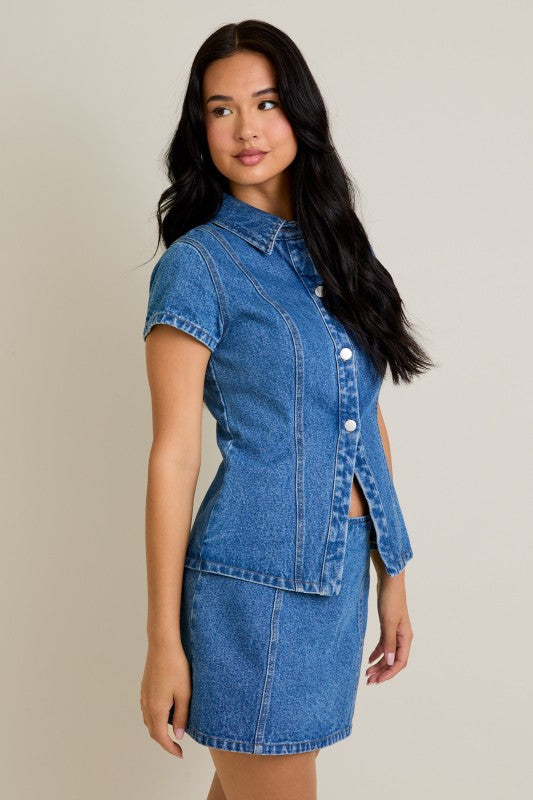 Denim Button Front Top and Skirt Set