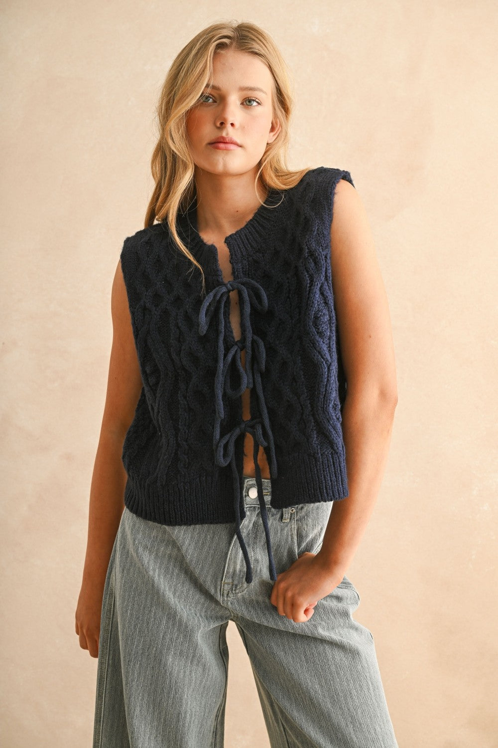 Navy Tie Front Cable Knit Vest