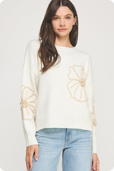 Floral Embroidered Knit Sweater- Ivory/Tan