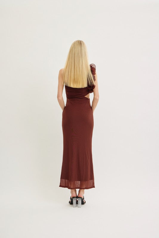 Brown One Shoulder Mesh Cutout Maxi Dress