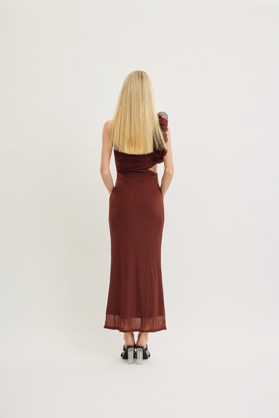 Brown One Shoulder Mesh Cutout Maxi Dress