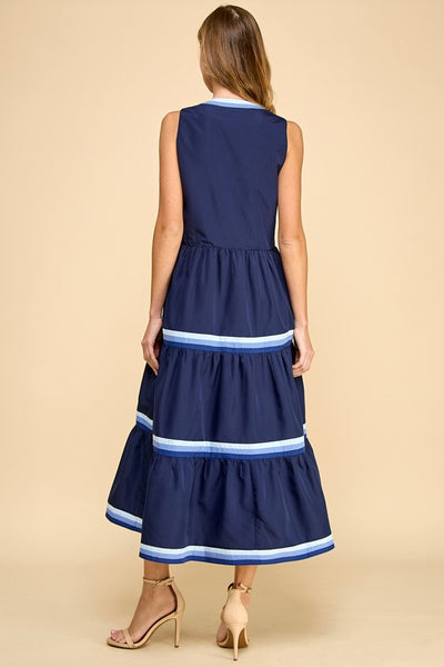 Navy Sleeveless Striped Trim Midi Dress