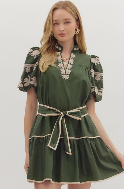 Dark Green Embroidered Sleeve Mini Dress