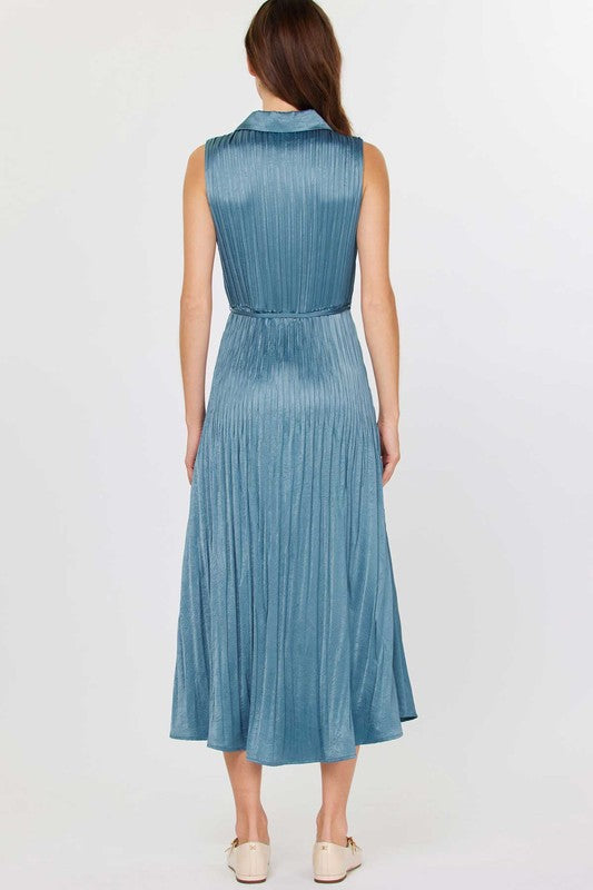 Dusty Blue Sleeveless Button Down Pleated Dress