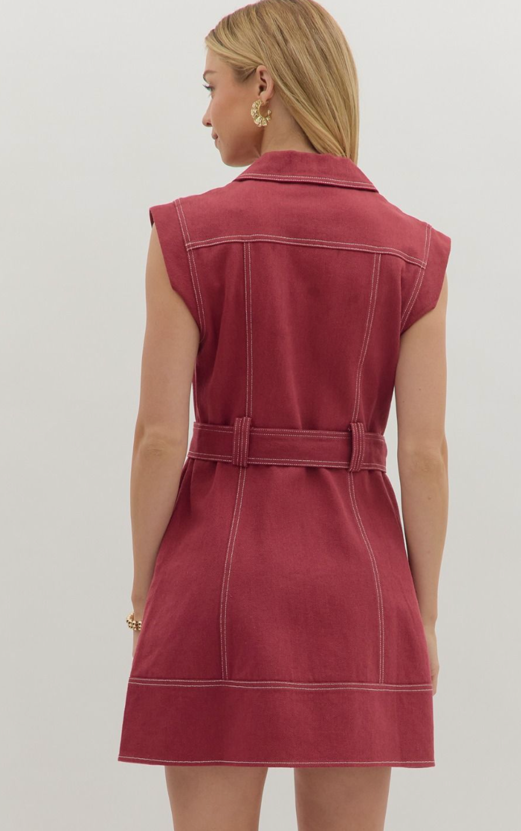 Burgundy Sleeveless Belted Mini Dress