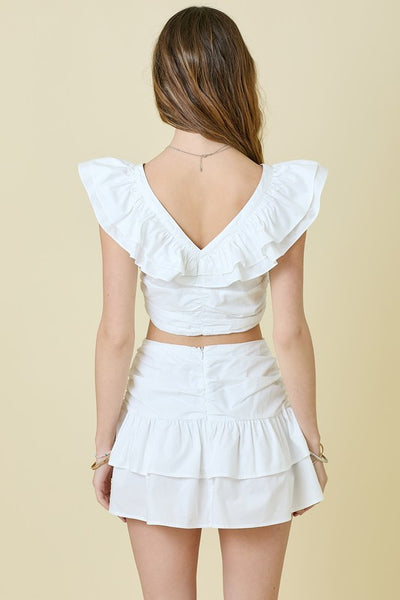 White Ruched Ruffle Detail Set